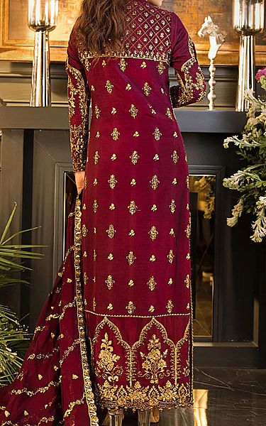 Asim Jofa Maroon Silk Suit | Pakistani Dresses in USA- Image 2