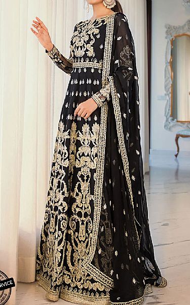 Asim Jofa Black Net Suit | Pakistani Embroidered Chiffon Dresses- Image 1