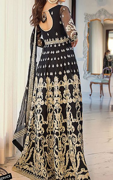 Asim Jofa Black Net Suit | Pakistani Embroidered Chiffon Dresses- Image 2