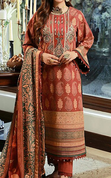 Asim Jofa Auburn Red Khaddar Suit | Pakistani Winter Dresses- Image 1