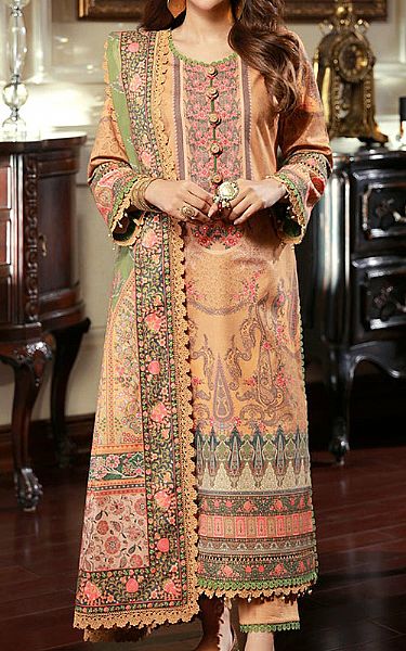 Asim Jofa Sand Gold Karandi Suit | Pakistani Winter Dresses- Image 1