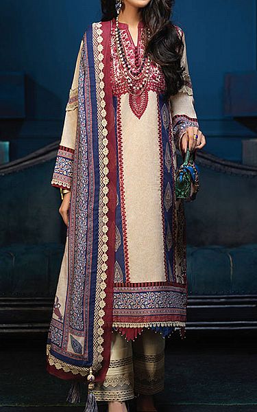 Asim Jofa Ivory/Royal Blue Cambric Suit | Pakistani Winter Dresses- Image 1