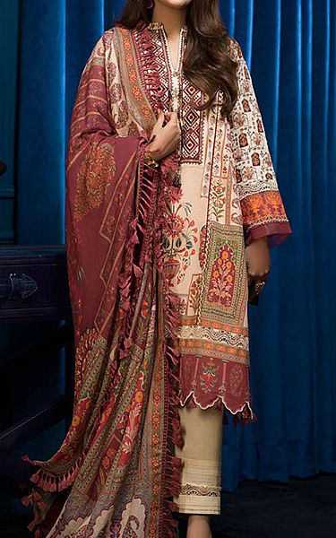 Asim Jofa Ivory/Auburn Red Cambric Suit | Pakistani Winter Dresses- Image 1