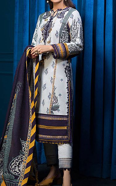 Asim Jofa White/Navy Blue Khaddar Suit | Pakistani Winter Dresses- Image 1