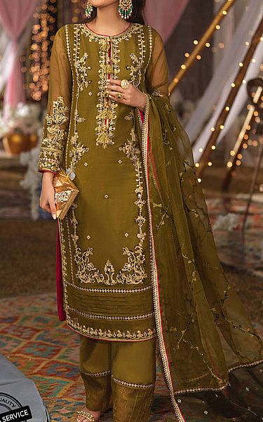 Asim Jofa Olive Green Organza Suit | Pakistani Dresses in USA- Image 1