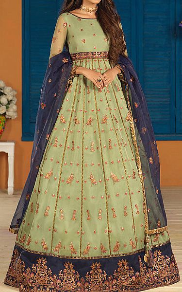 Asim Jofa Tea Green Organza Suit | Pakistani Embroidered Chiffon Dresses- Image 1