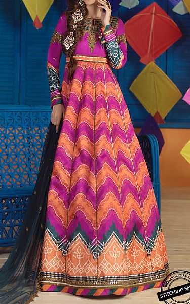 Asim Jofa Shocking Pink Silk Suit | Pakistani Embroidered Chiffon Dresses- Image 1