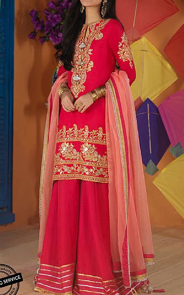 Carmine Red Net Suit | Asim Jofa Pakistani Chiffon Dresses