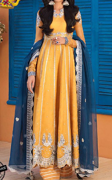 Asim Jofa Golden Yellow Organza Suit | Pakistani Embroidered Chiffon Dresses- Image 1