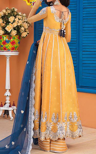 Asim Jofa Golden Yellow Organza Suit | Pakistani Embroidered Chiffon Dresses- Image 2