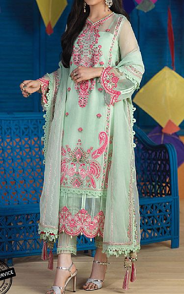 Asim Jofa Mint Green Organza Suit | Pakistani Embroidered Chiffon Dresses- Image 1