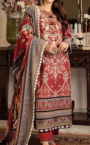 Asim Jofa Wine Red Khaddar Suit | Pakistani Winter Dresses- Image 1