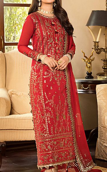 Asim Jofa Red Chanderi Cotton Suit | Pakistani Embroidered Chiffon Dresses- Image 1
