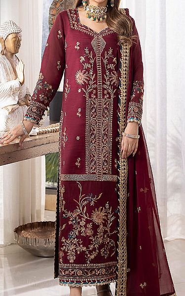 Asim Jofa Maroon Monar Suit | Pakistani Embroidered Chiffon Dresses- Image 1