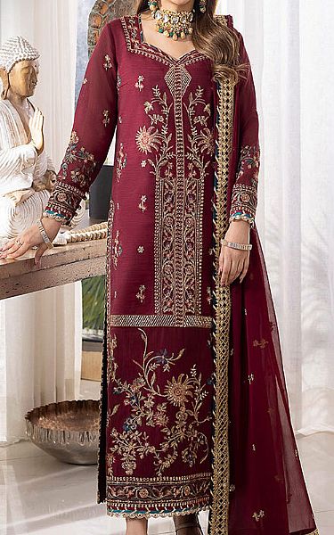 Asim Jofa Maroon Monar Suit | Pakistani Embroidered Chiffon Dresses USA- Image 1