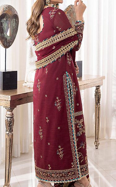 Asim Jofa Maroon Monar Suit | Pakistani Embroidered Chiffon Dresses- Image 2