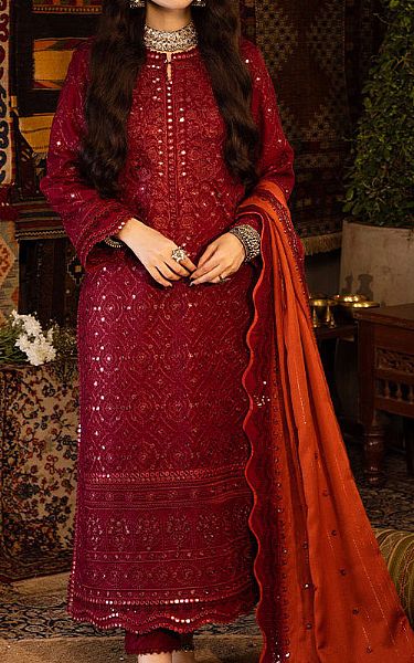 Asim Jofa Maroon/Orange Twill Suit | Pakistani Winter Dresses- Image 1