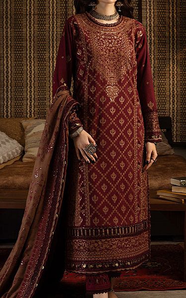 Asim Jofa Maroon Karandi Suit | Pakistani Winter Dresses- Image 1