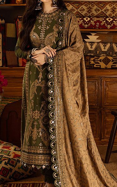 Asim Jofa Basil Green Slub Suit | Pakistani Winter Dresses- Image 1
