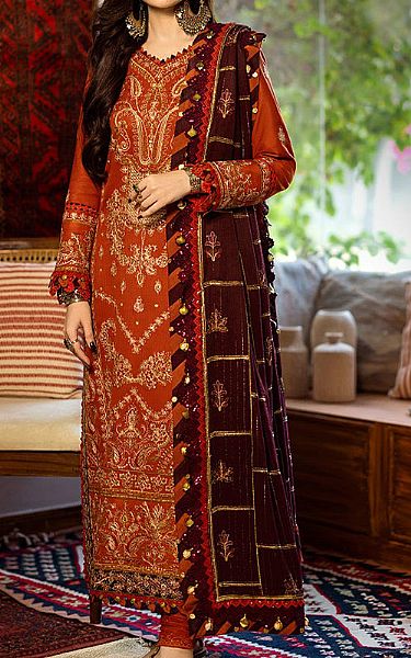 Asim Jofa Safety Orange Twill Suit Pakistani Winter Dresses in USA