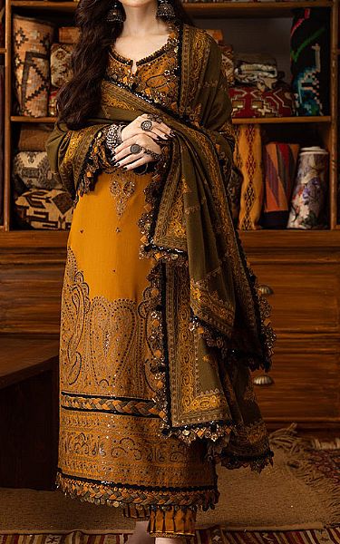 Asim Jofa Mustard Slub Suit | Pakistani Winter Dresses- Image 1