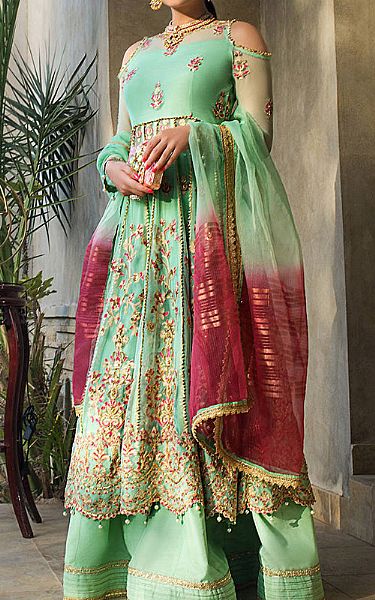 Asim Jofa Mint Green Chiffon Suit | Pakistani Embroidered Chiffon Dresses- Image 1