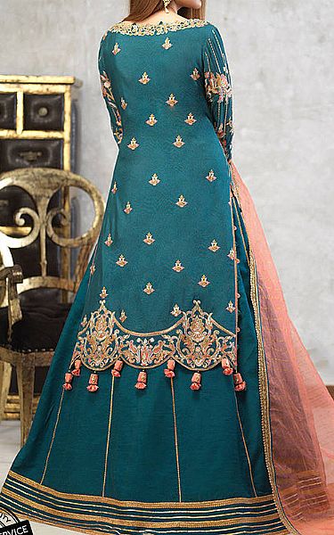 Asim Jofa Teal Blue Cotton Net Suit | Pakistani Embroidered Chiffon Dresses- Image 2