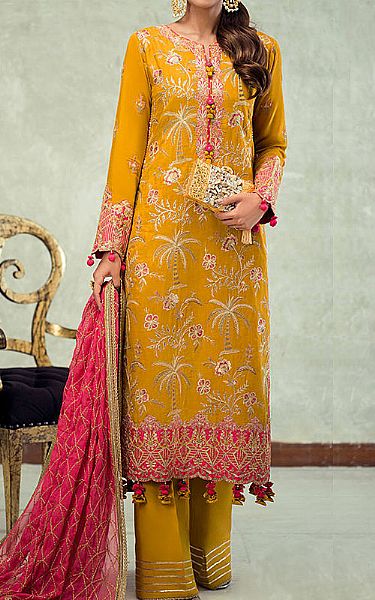 Asim Jofa Mustard Silk Suit | Pakistani Embroidered Chiffon Dresses- Image 1