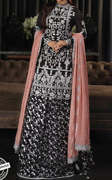 Asim Jofa Black Silk Suit | Pakistani Embroidered Chiffon Dresses- Image 1