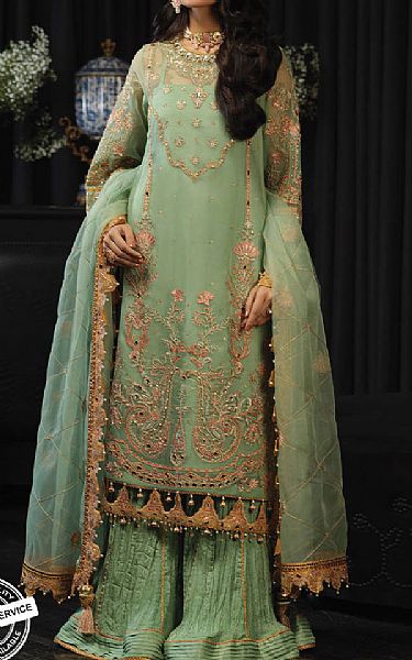 Asim Jofa Light Green Organza Suit | Pakistani Embroidered Chiffon Dresses- Image 1