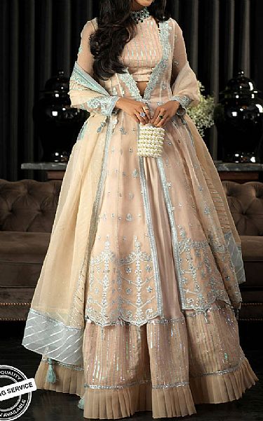 Asim Jofa Ivory Organza Suit | Pakistani Embroidered Chiffon Dresses- Image 1