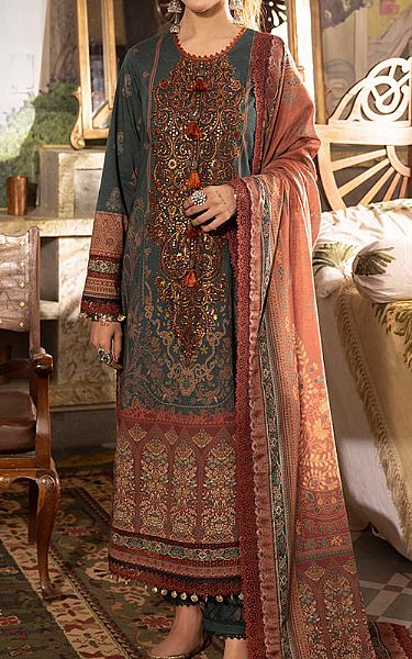 Asim Jofa Teal Cambric Suit | Pakistani Winter Dresses- Image 1