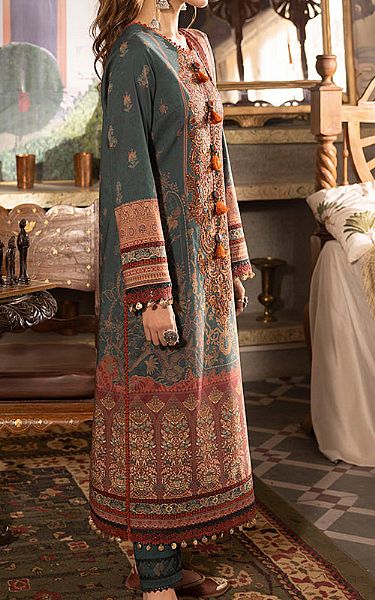 Asim Jofa Teal Cambric Suit | Pakistani Winter Dresses- Image 2