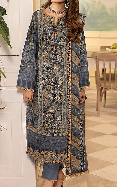 Asim Jofa Cadet Blue Cambric Suit | Pakistani Winter Dresses- Image 1