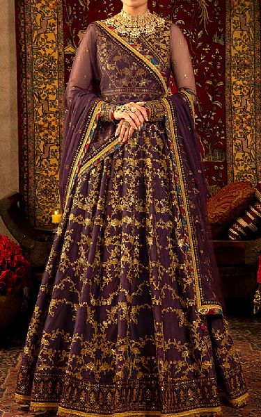 Asim Jofa Old Mauve Net Suit | Pakistani Embroidered Chiffon Dresses- Image 1
