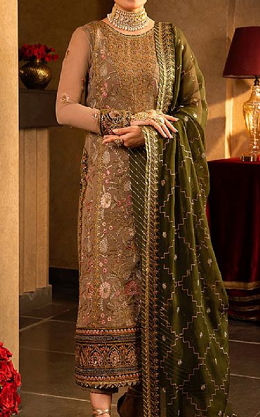 Asim Jofa Beige Gold Chiffon Suit | Pakistani Embroidered Chiffon Dresses- Image 1