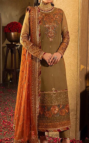 Asim Jofa Dirt Brown Chiffon Suit | Pakistani Embroidered Chiffon Dresses- Image 1