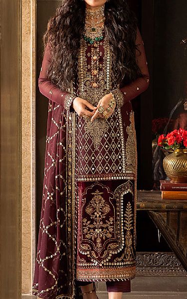 Asim Jofa Wine Chiffon Suit | Pakistani Embroidered Chiffon Dresses- Image 1