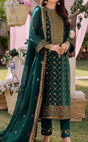Asim Jofa Bottle Green Chiffon Suit | Pakistani Embroidered Chiffon Dresses- Image 1
