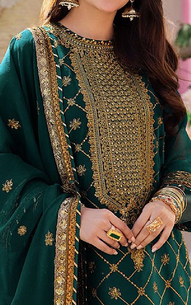 Asim Jofa Bottle Green Chiffon Suit | Pakistani Embroidered Chiffon Dresses- Image 3