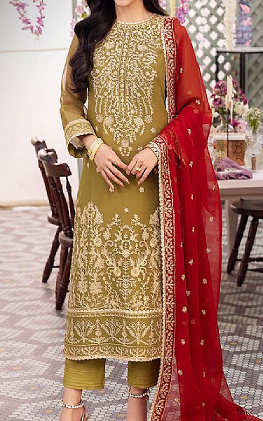 Asim Jofa Olive Green Chiffon Suit | Pakistani Embroidered Chiffon Dresses USA- Image 1