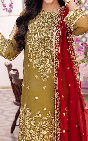 Asim Jofa Olive Green Chiffon Suit | Pakistani Embroidered Chiffon Dresses USA- Image 3