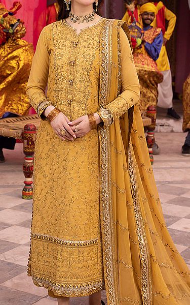 Asim Jofa Sand Gold Cotton Suit | Pakistani Embroidered Chiffon Dresses- Image 1