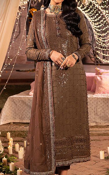 Asim Jofa Brown Silk Suit | Pakistani Embroidered Chiffon Dresses- Image 1