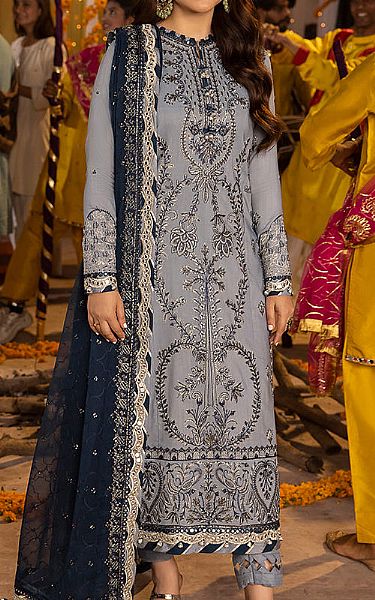Asim Jofa Grey Silk Suit | Pakistani Embroidered Chiffon Dresses- Image 1