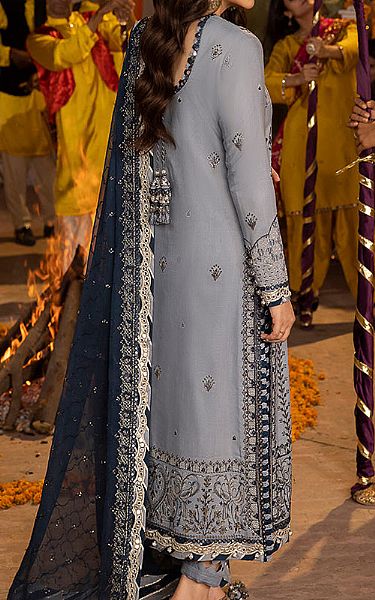 Asim Jofa Grey Silk Suit | Pakistani Embroidered Chiffon Dresses- Image 2