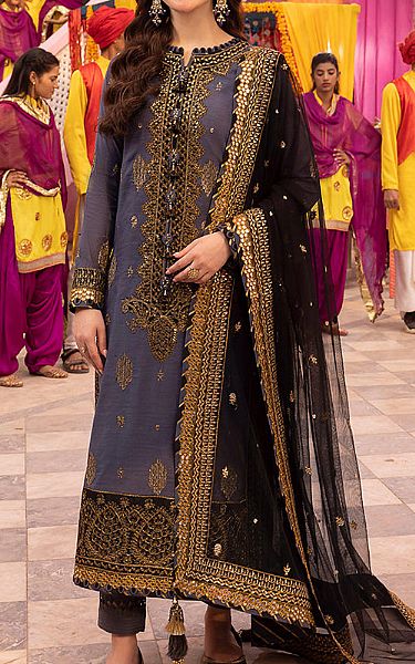 Asim Jofa Cadet Grey Paper Cotton Suit | Pakistani Embroidered Chiffon Dresses- Image 1