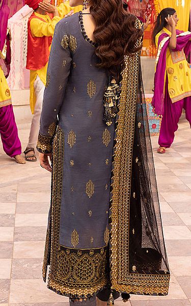 Asim Jofa Cadet Grey Paper Cotton Suit | Pakistani Embroidered Chiffon Dresses- Image 2