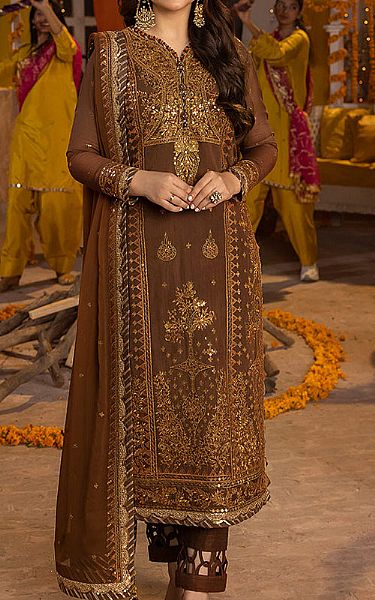 Asim Jofa Beaver Brown Paper Cotton Suit | Pakistani Embroidered Chiffon Dresses- Image 1