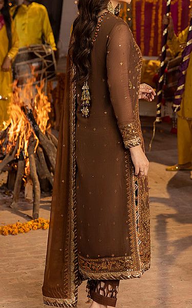 Asim Jofa Beaver Brown Paper Cotton Suit | Pakistani Embroidered Chiffon Dresses- Image 2
